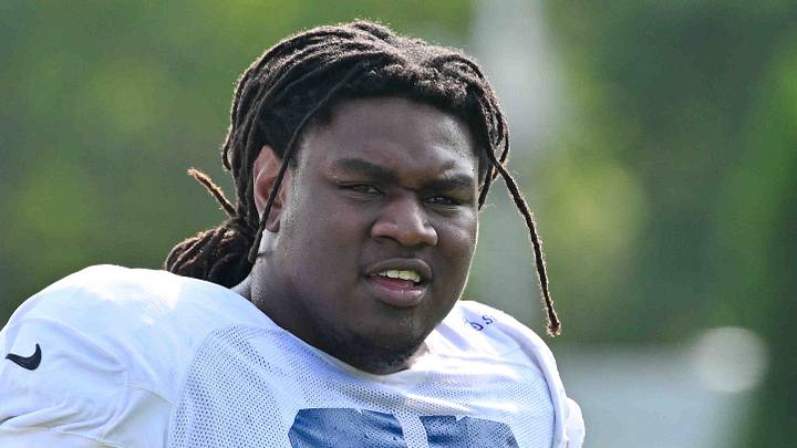 Indianapolis Colts guard Jalen Farmer looks on during training camp at Gillette Stadium. 