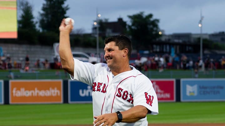 Former Red Sox pitcher Keith Foulke throws out the first pitch ahead of the WooSox game against Scranton on Thursday, August 19, 2021. Former Red Sox pitcher Keith Foulke throws out the first pitch ahead of the WooSox game against Scranton on Thursday, August 19, 2021.