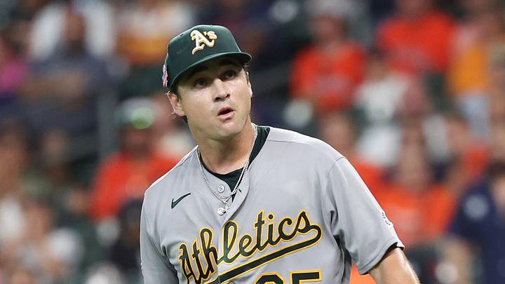 Aug 21, 2026; Houston, Texas, USA;  Athletics starting pitcher J.T. Ginn (35) reacts after hitting Houston Astros designated hitter Yordan Alvarez (44) (not pictured) with a pitch in the first inning at Daikin Park.  Mandatory Credit: Thomas Shea-Imagn Images