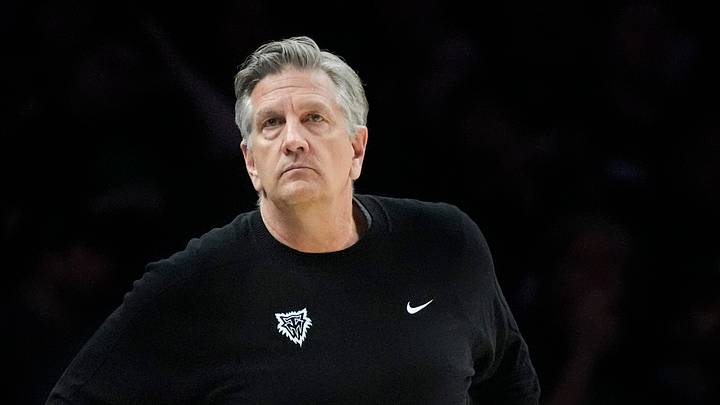 May 10, 2026; Minneapolis, Minnesota, USA; Minnesota Timberwolves head coach Chris Finch watches as his team plays the San Antonio Spurs in the fourth quarter of game four of the second round of the 2026 NBA Playoffs at Target Center. Mandatory Credit: Bruce Kluckhohn-Imagn Images
