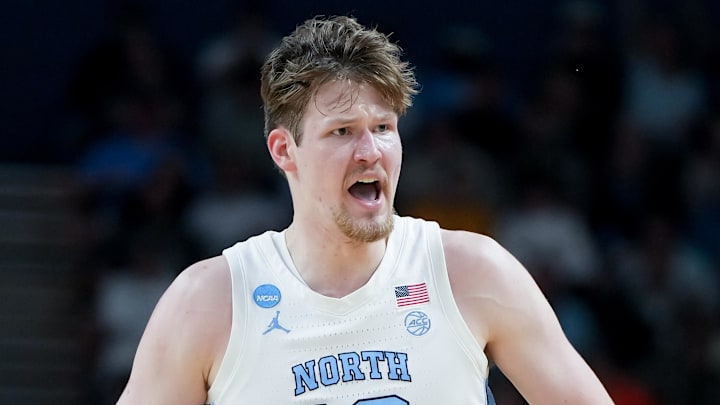 Mar 19, 2026; Greenville, SC, USA; North Carolina Tar Heels center Henri Veesaar (13) celebrates after a play against the VCU Rams in the first half of a first round game of the men's 2026 NCAA Tournament at Bon Secours Wellness Arena. Mandatory Credit: Bob Donnan-Imagn Images