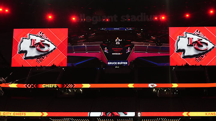 Feb 5, 2024; Las Vegas, NV, USA; Kansas City Chiefs logos on display during Super Bowl LVIII Opening Night at Allegiant Stadium. Mandatory Credit: Kirby Lee-Imagn Images Feb 5, 2024; Las Vegas, NV, USA; Kansas City Chiefs logos on display during Super Bowl LVIII Opening Night at Allegiant Stadium. Mandatory Credit: Kirby Lee-Imagn Images