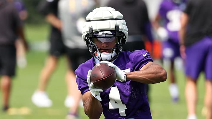 Jul 29, 2025; Eagan, MN, USA; Minnesota Vikings wide receiver Rondale Moore (4) takes part in drills during the teams training camp at the Minnesota Vikings Training Facility. Mandatory Credit: Matt Krohn-Imagn Images Jul 29, 2025; Eagan, MN, USA; Minnesota Vikings wide receiver Rondale Moore (4) takes part in drills during the teams training camp at the Minnesota Vikings Training Facility. Mandatory Credit: Matt Krohn-Imagn Images