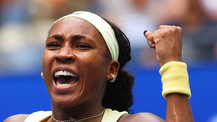 Coco Gauff celebrates winning the second set of her quarterfinal match against Mirra Andreeva Coco Gauff celebrates winning the second set of her quarterfinal match against Mirra Andreeva