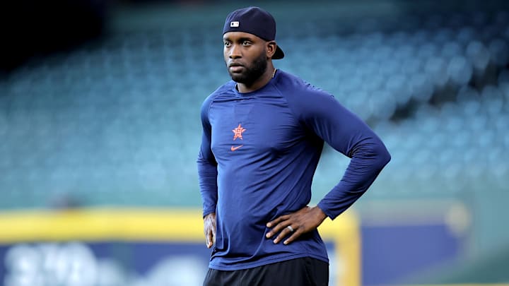 May 9, 2025; Houston, Texas, USA; Houston Astros designated hitter Yordan Alvarez (44) prior to the game against the Cincinnati Reds at Daikin Park. 