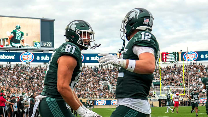 Michigan State's Michael Masunas, left, celebrates his touchdown catch with Jack Velling against Youngstown State during the third quarter on Saturday, Sept. 13, 2025, at Spartan Stadium in East Lansing.