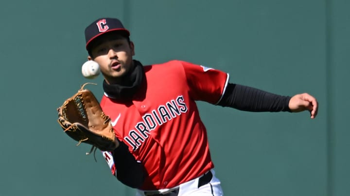 Apr 8, 2026; Cleveland, Ohio, USA; Cleveland Guardians center fielder Steven Kwan (38) catches a ball hit by Kansas City Royals right fielder Starling Marte (not pictured) during the ninth inning at Progressive Field. Mandatory Credit: Ken Blaze-Imagn Images