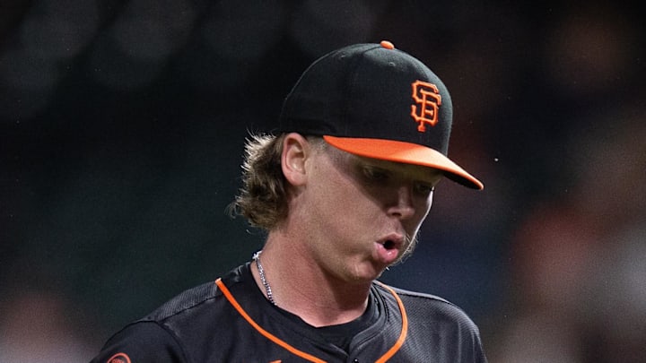 Jul 27, 2024; San Francisco, California, USA; San Francisco Giants starting pitcher Hayden Birdsong (60) reacts after the fifth inning against the Colorado Rockies at Oracle Park. Mandatory Credit: D. Ross Cameron-Imagn Images