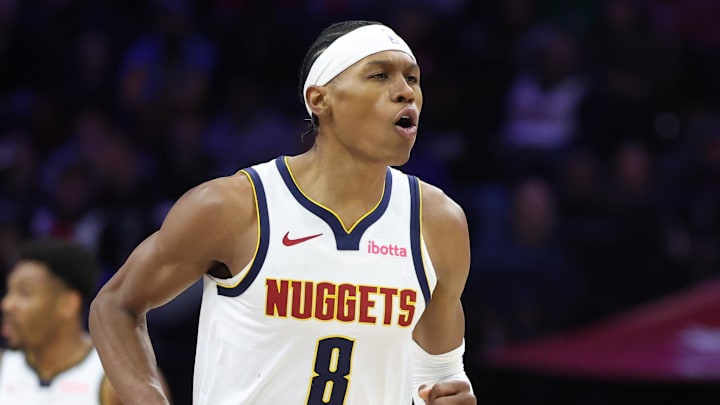 Jan 5, 2026; Philadelphia, Pennsylvania, USA; Denver Nuggets guard Peyton Watson (8) reacts to his score against the Philadelphia 76ers during the first quarter at Xfinity Mobile Arena. Mandatory Credit: Bill Streicher-Imagn Images Jan 5, 2026; Philadelphia, Pennsylvania, USA; Denver Nuggets guard Peyton Watson (8) reacts to his score against the Philadelphia 76ers during the first quarter at Xfinity Mobile Arena. Mandatory Credit: Bill Streicher-Imagn Images