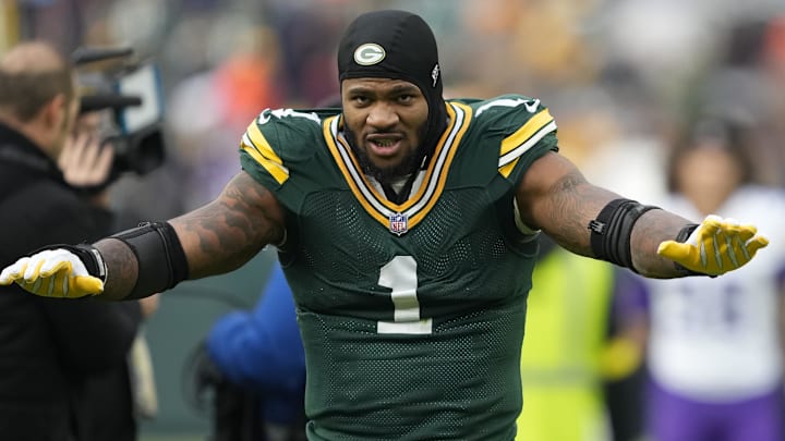 Nov 23, 2025; Green Bay, Wisconsin, USA; Green Bay Packers defensive end Micah Parsons (1) celebrates the victory over the Minnesota Vikings at Lambeau Field. Mandatory Credit: Kayla Wolf-Imagn Images
