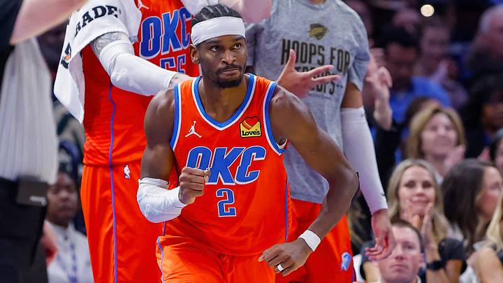 Nov 11, 2025; Oklahoma City, Oklahoma, USA; Oklahoma City Thunder guard Shai Gilgeous-Alexander (2) reacts after scoring against the Golden State Warriors during the second half at Paycom Center. Mandatory Credit: Alonzo Adams-Imagn Images
