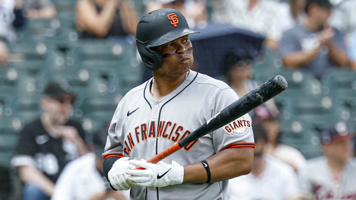 Jun 29, 2025; Chicago, Illinois, USA; San Francisco Giants designated hitter Rafael Devers (16) reacts after striking out against the Chicago White Sox during the ninth inning at Rate Field.