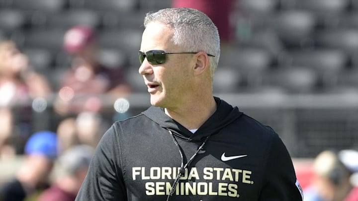 Oct 11, 2025; Tallahassee, Florida, USA; Florida State Seminoles head coach Mike Norvell before the game against the Pittsburgh Panthers at Doak S. Campbell Stadium. Mandatory Credit: Melina Myers-Imagn Images