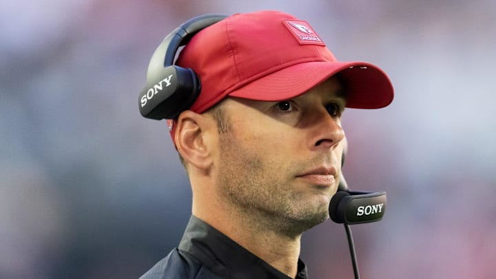 Dec 21, 2025; Glendale, Arizona, USA;  Arizona Cardinals head coach Jonathan Gannon against the Atlanta Falcons at State Farm Stadium. Mandatory Credit: Mark J. Rebilas-Imagn Images