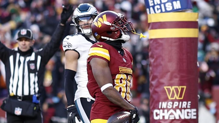Dec 22, 2024; Landover, Maryland, USA; Washington Commanders wide receiver Jamison Crowder (80) celebrates after catching the game winning touchdown pass against the Philadelphia Eagles in the final seconds during the fourth quarter at Northwest Stadium. Mandatory Credit: Geoff Burke-Imagn Images Dec 22, 2024; Landover, Maryland, USA; Washington Commanders wide receiver Jamison Crowder (80) celebrates after catching the game winning touchdown pass against the Philadelphia Eagles in the final seconds during the fourth quarter at Northwest Stadium. Mandatory Credit: Geoff Burke-Imagn Images