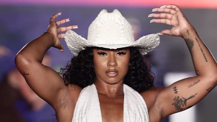 Jordan Chiles on the SI Swimsuit runway at the W South Beach. Swimsuit by Ola Vida. Hat by Zandria.