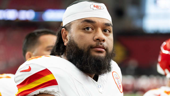 Aug 9, 2025; Glendale, Arizona, USA; Kansas City Chiefs offensive tackle Esa Pole (79) against the Arizona Cardinals during a preseason NFL game at State Farm Stadium.