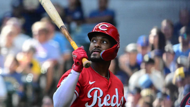 Sep 28, 2025; Milwaukee, Wisconsin, USA; Cincinnati Reds designated hitter Miguel Andujar (38) reacts after striking out in the first inning against the Milwaukee Brewers at American Family Field. Mandatory Credit: Benny Sieu-Imagn Images