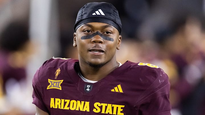 Nov 28, 2025; Tempe, Arizona, USA; Arizona State Sun Devils linebacker Jordan Crook (8) against the Arizona Wildcats during the 99th Territorial Cup at Mountain America Stadium. Mandatory Credit: Mark J. Rebilas-Imagn Images