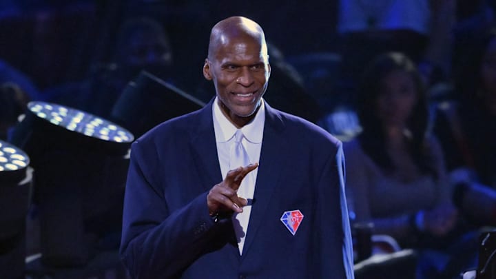 Feb 20, 2022; Cleveland, Ohio, USA; Robert Parish is honored during halftime during the 2022 NBA All-Star Game at Rocket Mortgage FieldHouse. Mandatory Credit: David Richard-Imagn Images