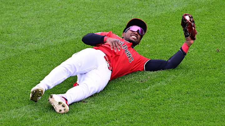 Apr 19, 2026; Cleveland, Ohio, USA; Cleveland Guardians center fielder Angel Martinez (1) reacts after catching a ball hit by Baltimore Orioles left fielder Taylor Ward (3) during the ninth inning at Progressive Field. Mandatory Credit: David Dermer-Imagn Images