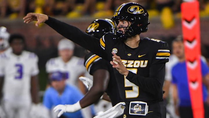 Aug 28, 2025; Columbia, Missouri, USA; Missouri Tigers quarterback Matt Zollers (5) throws a pass during a game against the Central Arkansas Bears at Faurot Field at Memorial Stadium. 