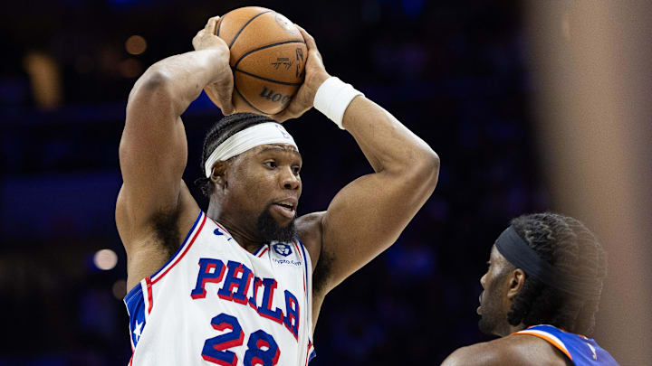 Jan 15, 2025; Philadelphia, Pennsylvania, USA; Philadelphia 76ers forward Guerschon Yabusele (28) in action against the New York Knicks during the fourth quarter at Wells Fargo Center. Mandatory Credit: Bill Streicher-Imagn Images