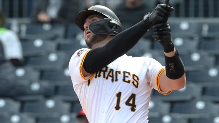Pittsburgh Pirates catcher Joey Bart (14) hits a game winning walk off 
