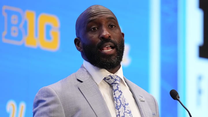 Jul 24, 2025; Las Vegas, NV, USA; UCLA head coach DeShaun Foster speaks to the media during the Big Ten NCAA college football media days at Mandalay Bay Resort. Mandatory Credit: Lucas Peltier-Imagn Images