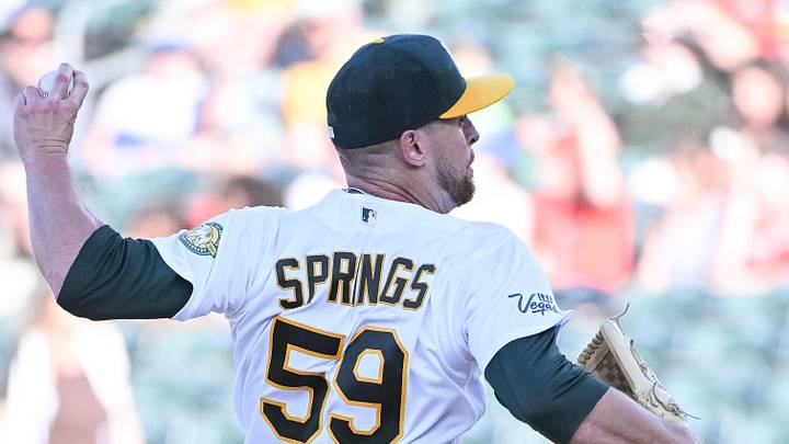 Jun 19, 2026; West Sacramento, California, USA; Athletics pitcher Jeffrey Springs (59) throws a pitch during the first inning against the Los Angeles Angels at Sutter Health Park. Mandatory Credit: Ed Szczepanski-Imagn Images