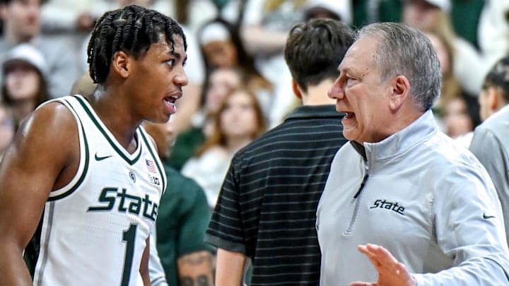 Michigan State's head coach Tom Izzo, right, talks with Jeremy Fears Jr. during the first half in the game against Maryland on Saturday, Jan. 24, 2026, at the Breslin Center in East Lansing.