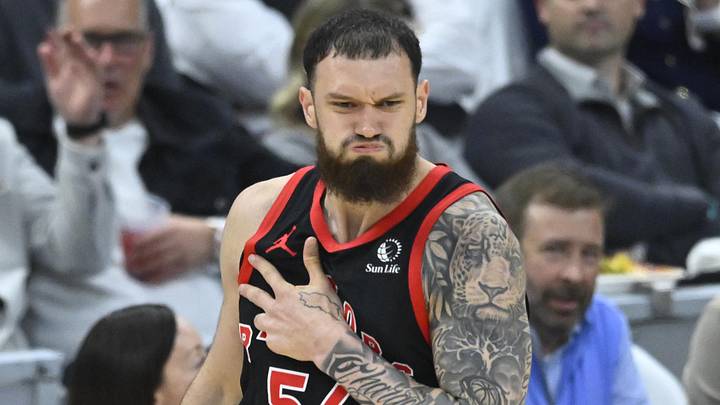 Apr 29, 2026; Cleveland, Ohio, USA; Toronto Raptors forward Sandro Mamukelashvili (54) celebrates his three-point basket against the Cleveland Cavaliers in the third quarter of game five of the first round of the 2026 NBA Playoffs at Rocket Arena. Mandatory Credit: David Richard-Imagn Images