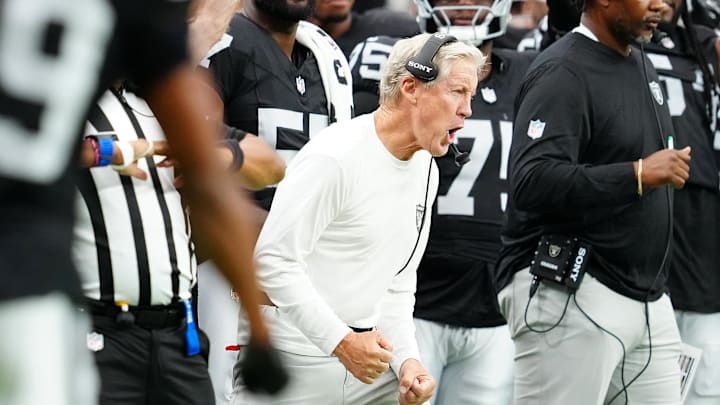 Aug 16, 2025; Paradise, Nevada, USA; Las Vegas Raiders head coach Pete Carroll reacts after a play against the San Francisco 49ers during the fourth quarter at Allegiant Stadium. Mandatory Credit: Stephen R. Sylvanie-Imagn Images