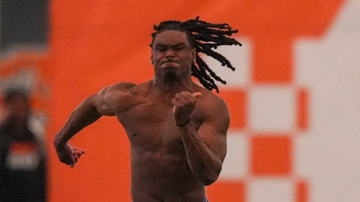 Tennessee cornerback Jermod McCoy runs during Tennessee Football Pro Day