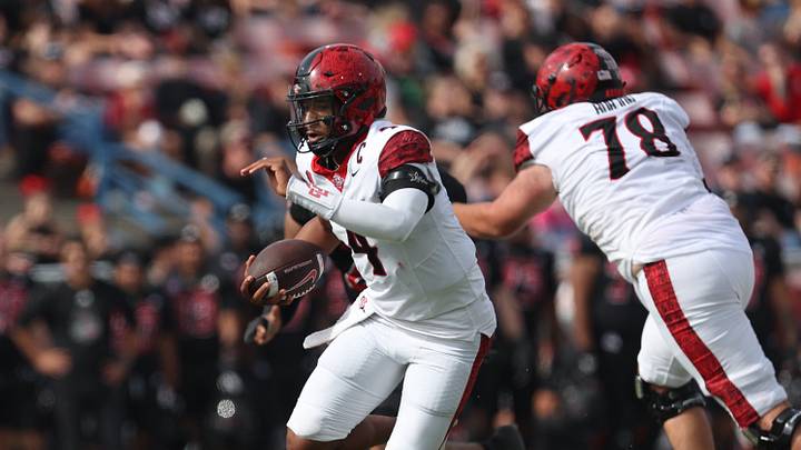 San Diego State Aztecs quarterback Jayden Denegal (4). San Diego State Aztecs quarterback Jayden Denegal (4).