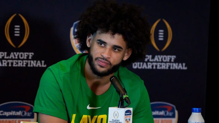 Oregon quarterback Dante Moore speaks during the Oregon Ducks media day ahead of Orange Bowl on Dec. 30, 2025, at Hard Rock Stadium in Miami, Florida.