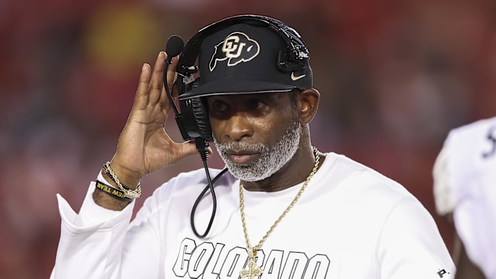 Sep 12, 2025; Houston, Texas, USA; Colorado Buffaloes head coach Deion Sanders reacts during the second quarter against the Houston Cougars at TDECU Stadium. Mandatory Credit: Troy Taormina-Imagn Images