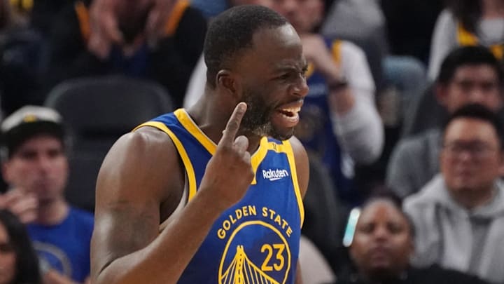 Jan 4, 2025; San Francisco, California, USA;  Golden State Warriors forward Draymond Green (23) argues with the referee during a game against the Memphis Grizzlies in the second quarter at Chase Center. Mandatory Credit: David Gonzales-Imagn Images