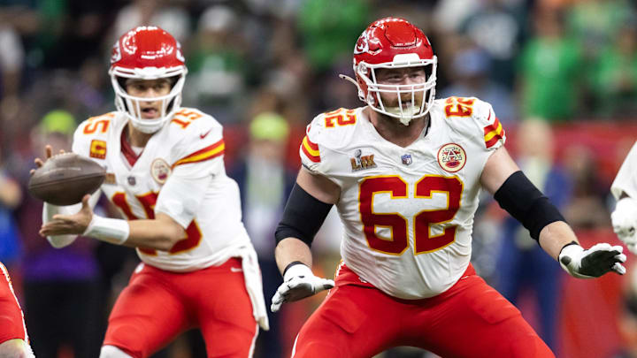 Feb 9, 2025; New Orleans, LA, USA;  Kansas City Chiefs guard Joe Thuney (62)  blocks for quarterback Patrick Mahomes (15) against the Philadelphia Eagles in Super Bowl LIX at Ceasars Superdome. Mandatory Credit: Mark J. Rebilas-Imagn Images
