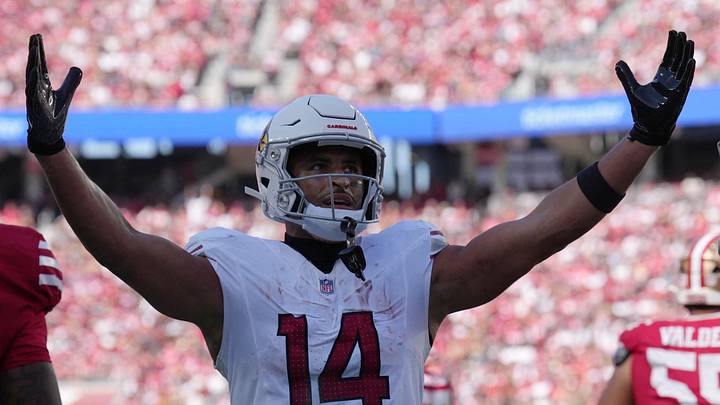 Sep 27, 2026; Santa Clara, California, USA; Arizona Cardinals wide receiver Michael Wilson (14) reacts after scoring a touchdown against the San Francisco 49ers at Levi's Stadium. Mandatory Credit: Darren Yamashita-Imagn Images Sep 27, 2026; Santa Clara, California, USA; Arizona Cardinals wide receiver Michael Wilson (14) reacts after scoring a touchdown against the San Francisco 49ers at Levi's Stadium. Mandatory Credit: Darren Yamashita-Imagn Images