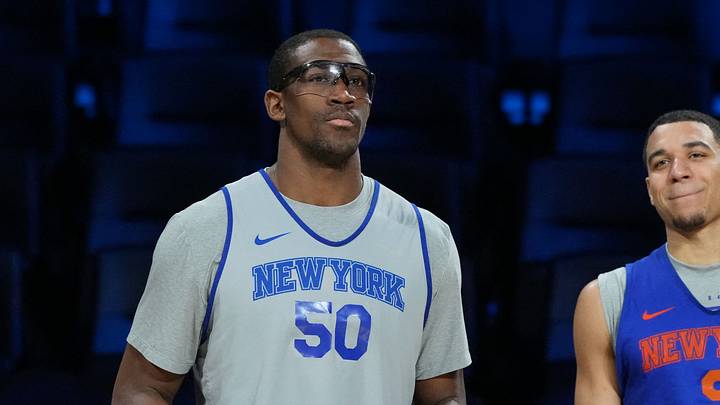Dec 12, 2025; Las Vegas, NV, USA; New York Knicks forward Trey Jemison III (50) and guard Kevin McCullar Jr. (9) during practice prior to the Emirates Cup semifinals at T-Mobile Arena. Dec 12, 2025; Las Vegas, NV, USA; New York Knicks forward Trey Jemison III (50) and guard Kevin McCullar Jr. (9) during practice prior to the Emirates Cup semifinals at T-Mobile Arena.