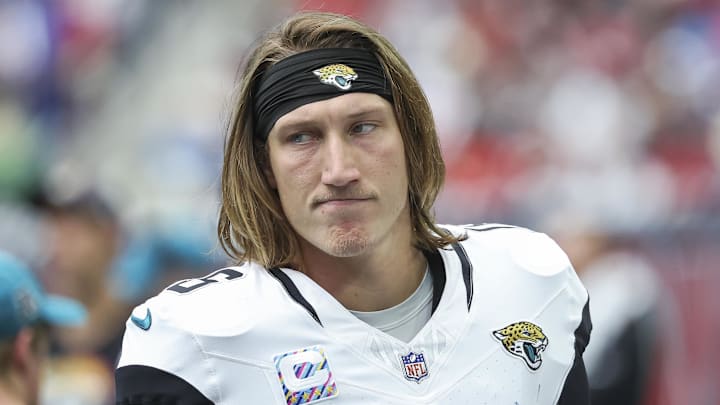 Sep 29, 2024; Houston, Texas, USA; Jacksonville Jaguars quarterback Trevor Lawrence (16) on the sideline during the second quarter against the Houston Texans at NRG Stadium. Mandatory Credit: Troy Taormina-Imagn Images