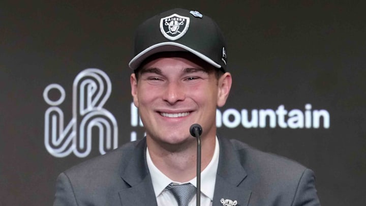 Las Vegas Raiders quarterback Fernando Mendoza speaks at introductory press conference.