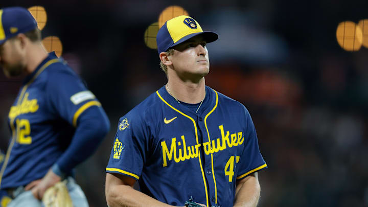 Apr 21, 2025; San Francisco, California, USA; Milwaukee Brewers starting pitcher Quinn Priester (46) is removed from the game by manager Pat Murphy (49) during the fifth inning against the San Francisco Giants at Oracle Park. Mandatory Credit: Sergio Estrada-Imagn Images