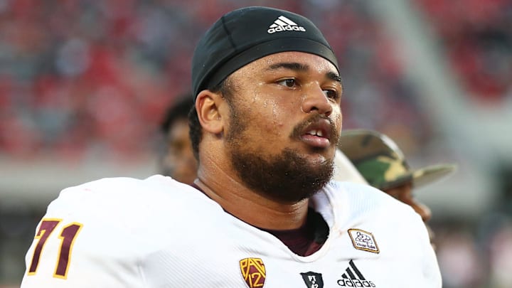 Nov 24, 2018; Tucson, AZ, USA; Arizona State Sun Devils offensive lineman Steven Miller (71) against the Arizona Wildcats during the Territorial Cup at Arizona Stadium. Mandatory Credit: Mark J. Rebilas-Imagn Images