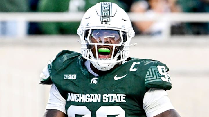 Michigan State's Quindarius Dunnigan celebrates a sack against Western Michigan during the second quarter on Friday, Aug. 29, 2025, in East Lansing.