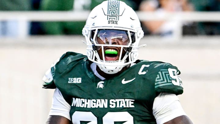 Michigan State's Quindarius Dunnigan celebrates a sack against Western Michigan during the second quarter on Friday, Aug. 29, 2025, in East Lansing. Michigan State's Quindarius Dunnigan celebrates a sack against Western Michigan during the second quarter on Friday, Aug. 29, 2025, in East Lansing.