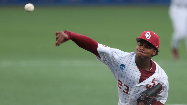 Oklahoma pitcher Xander Mercurius (23) at Kansas. Oklahoma pitcher Xander Mercurius (23) at Kansas.
