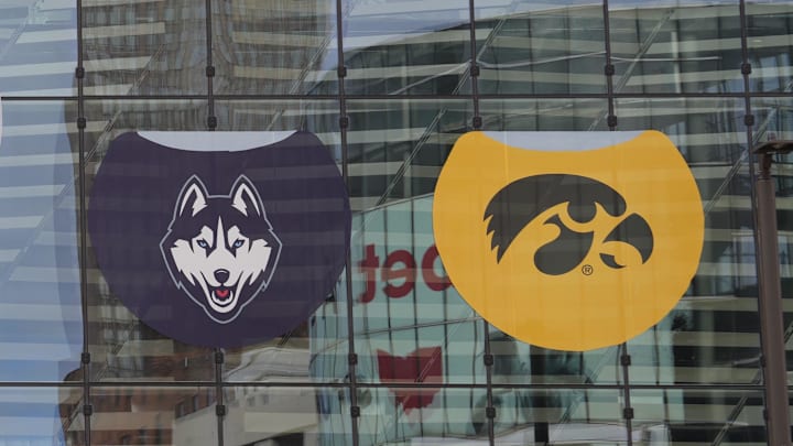 Apr 6, 2024; Cleveland, OH, USA; A general overall view of the NCAA Women's Final Four and South Carolina Gamecocks, NC State Wolfpack, UConn Huskies and Iowa Hawkeyes logos on the the Rocket Mortgage FieldHouse facade. Mandatory Credit: Kirby Lee-Imagn Images