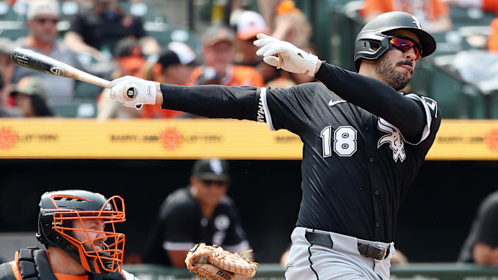 Chicago White Sox outfielder Mike Tauchman (18) hits a home run against the Baltimore Orioles at Oriole Park at Camden Yards. 